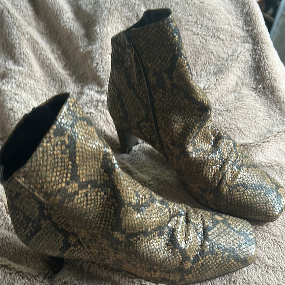 Free People Brown and Gold Ankle Booties with Distressed Snakeskin Texture
